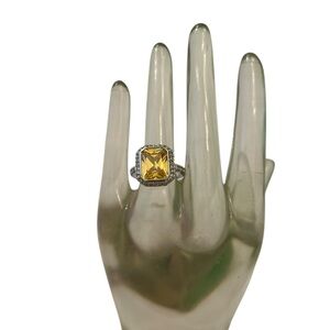 Artisan made Yellow CZ Gemstone emerald cut faceted surround Silver tone Ring